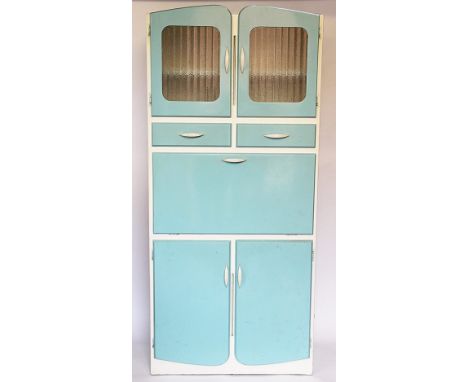 A vintage kitchen larder cabinet, with two glazed doors and two drawers above a pastry shelf enclosing an original gilt glass