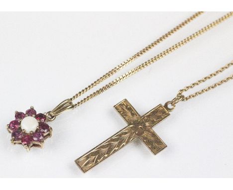 A 9ct gold cross pendant and attached fine chain, weight 3.9gms and an opal and ruby circular pendant and attached fine chain