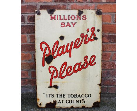 A vintage vitreous enamel Players Please advertising sign, 'Millions say Player's Please, It's the Tobacco that counts', red 
