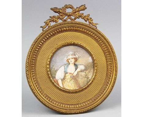 Continental School - late 19th century, Watercolour on ivory, Miniature portrait of a maiden in a garden, 7.5cm x 7.5cm, In g