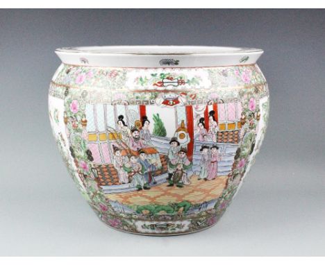 A large Chinese fish bowl, Guangxu six character, typically decorated in famille rose with panels depicting figures and insec