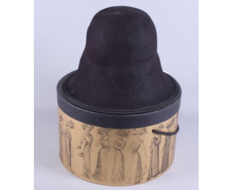 A lady's purple velvet handmade hat, complete with cardboard hat box, and an oak standard lamp