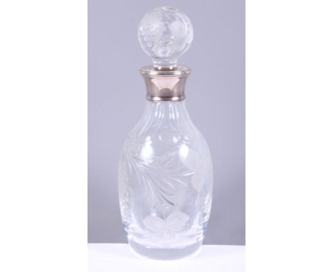 A silver collared etched glass decanter and stopper, P & S, Birmingham 2002, 10 1/2" high