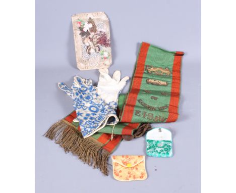 A pair of blue floral embroided gloves, a National Union of Railwaymen Camden branch sash, two silk purses and a Victorian ca
