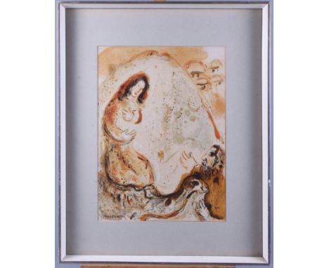 Marc Chagall: a colour print, "Rachel Derobe les Idols de son Pere", 14" x 10", in strip frame, Redfern Gallery label verso