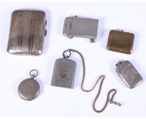 An engine turned silver cigarette case, an engraved silver vesta case, two other vesta cases, a Continental silver pocket wat
