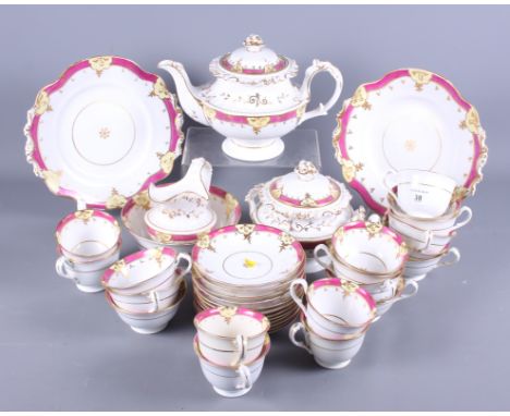 A late Victorian bone china puce, cream and gilt decorated part teaset including teapot, sucrier, slops bowl, cream jug, cups