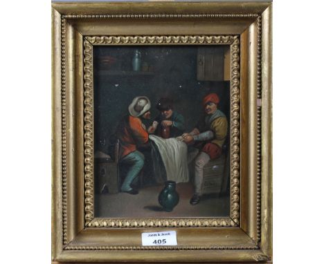 Osave, Dutch School: A pair of oil on boards, men playing cards and men smoking, each 7 1/2" x 6", in gilt frames