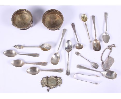 A collection of silver spoons, various, 5oz troy approx, two decanter labels and a pair of Christofle Art Deco standing salts