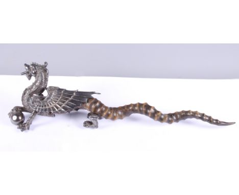 A Victorian Walker & Hall silver plate and antelope horn cigar lighter, in the form of a dragon, 20" long