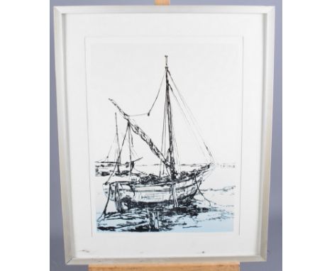 A glazed colour print, sailing boat on a beach, and a similar screen print, figure by a bath, in strip frames