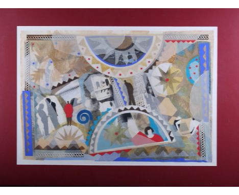 Mixed media and collage, architectural fantasy with figures, 17" x 25", in ebonised strip frame