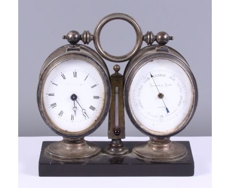 A late 19th century Bryson & Sons silver plated desk clock, barometer and thermometer, on a black marble rectangular base, 6"