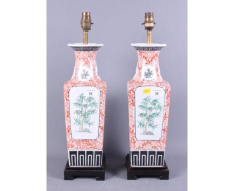 A pair of mid 20th century Chinese porcelain lamps, painted with panels of flowers with Greek key decorated rim, on painted w