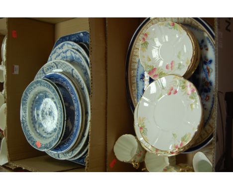 Two boxes of chinawares to include; blue and white transfer printed meat plates, late 19th century Aynsley tea china etc