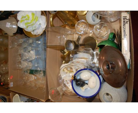 Two boxes of mixed glassware and kitchenalia to include; brass and iron kitchen scales, boxed Wedgwood plates, sherry glasses