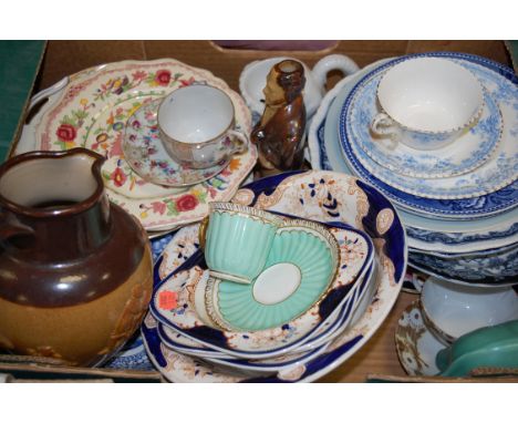 Three boxes of mixed china and sundries to include; harvest jugs, late 19th century Staffordshire trio, blue and white plates
