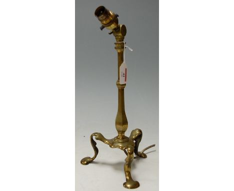 In the manner of W.A.S. Benson - A circa 1900 brass tripod table lamp, with tilting fitting