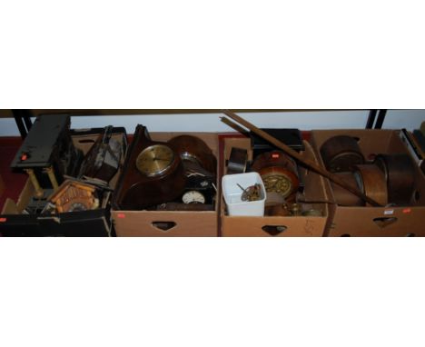 Four boxes of clocks to include; 1930s oak cased mantel clocks, cuckoo clock, clock parts etc 