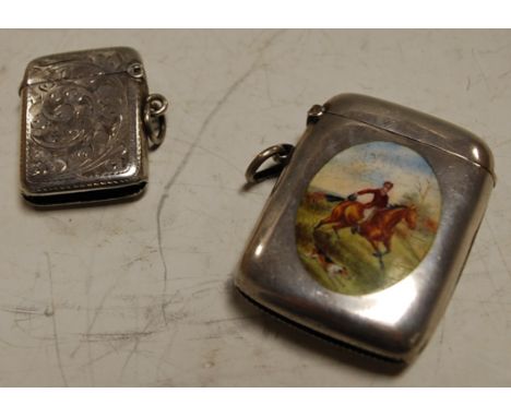 A silver and enamel set hinged vesta; and one other engraved silver vesta (2)  Condition Report / Extra Information Enamel ve