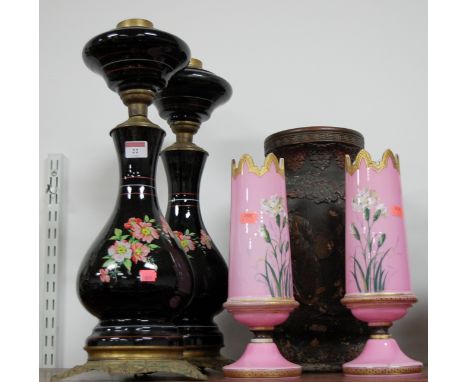 A pair of circa 1900 porcelain and brass mounted pedestal lamp bases; a pair of Victorian pink lustre pedestal vases (one a/f