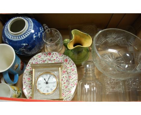 A box of mixed china and glass to include; blue and white ginger jar, decanters, glass Rapport quartz movement mantel clock e