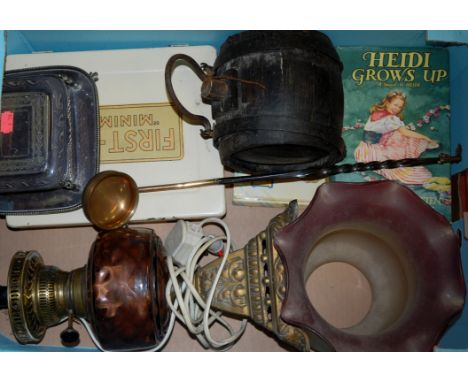 Mixed lot to include pedestal oil lamp with tinted glass shade, toddy ladle, sardine dish, etc