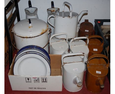 Various enamel wares to include; watering cans, ewers, plates etc 