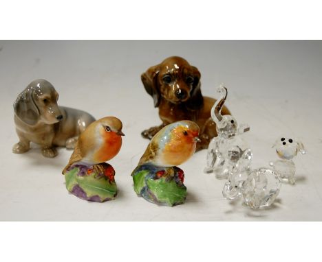 Mixed lot to include; three Swarovski type cut crystal animal ornaments, Royal Copenhagen porcelain dog, Royal Worcester robi