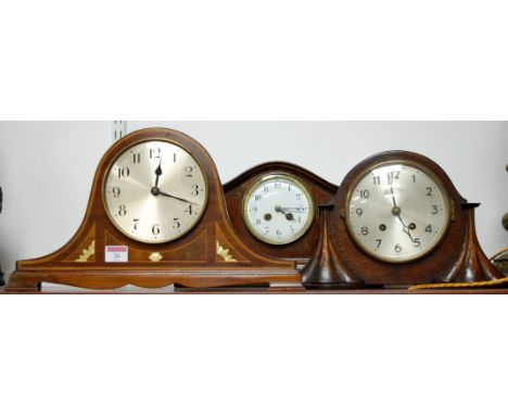 An oak cased mantel clock with striking movement; and two other examples (3)