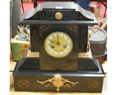 A circa 1900 slate mantel clock of good size having a French brass striking cylinder movement, height 46cm