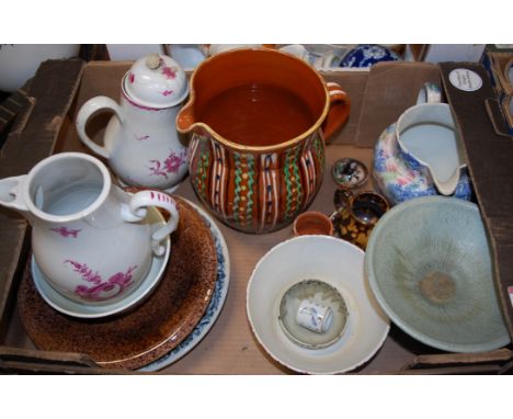 Two boxes of mixed ceramic and glassware to include; studio pottery Devonware jug, glass vases, blue and white ginger jar etc