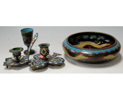 Assorted Japanese cloisonné enamel wares to include; bowl, two candle holders, and a pedestal goblet 