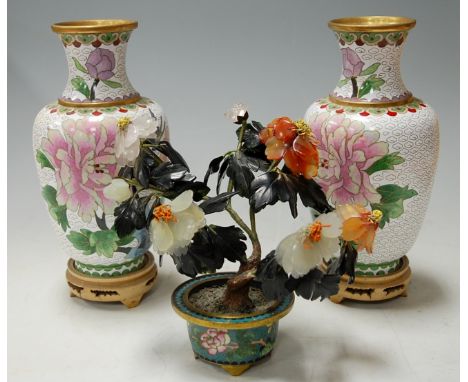 A pair of reproduction cloisonne enamel vases and a Chinese hardstone bonsai type tree (2)