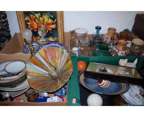 Four boxes of mixed china, glass and sundries to include; David Kirkman studio pottery vase, pair of Langley ewers, wooden an