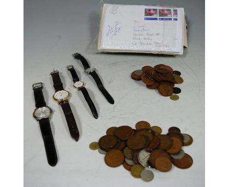 Mixed lot to include; wristwatches, mainly 20th century English and foreign coinage, first day covers etc 