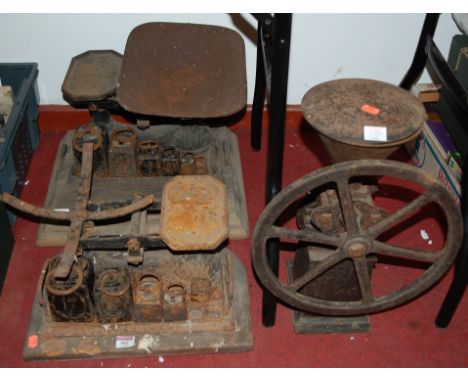 Two sets of cast iron kitchen scales and a table-top cast iron mincer (3) 