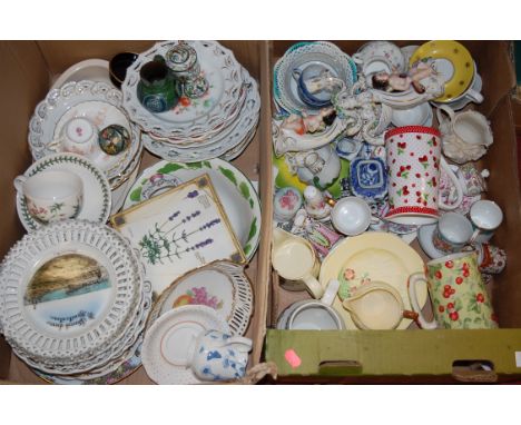 Two boxes of mixed china to include; ribbon plates, Botanic Garden cup and saucer, transfer printed jugs, coloured glass hock
