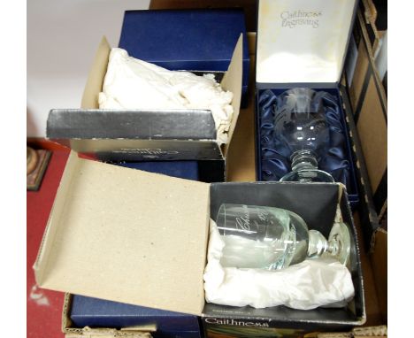 Five various boxed Caithness glass goblets, each with wheel engraved decoration