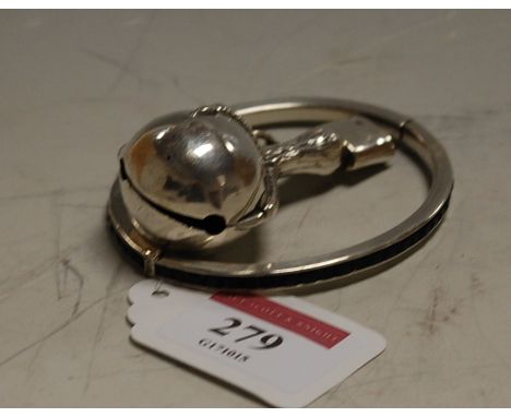 A silver baby's teething rattle (lacks handle); and a silver and faux sapphire set hinge bangle (2) 