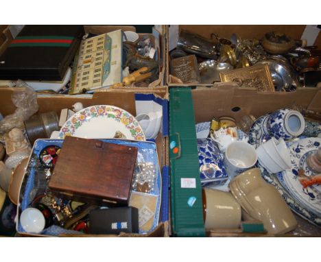 Four boxes of mixed china, metal and sundries to include; blue and white meat plates, costume jewellery, metal donkey moneybo