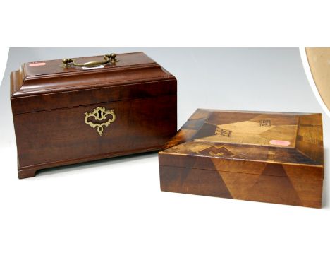 A George III mahogany three section tea caddy; and a Japanese marquetry dressing table box (2) 