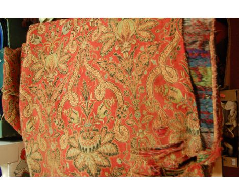 A late 19th century woven pair of curtains (incomplete and with losses, each max height 267) Provenance - ex Rushbrooke Hall,