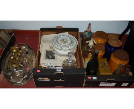 Two boxes of mixed china and silver plate to include; Portmeirion plates, silver plated gallery tray, sugar caster, brass can