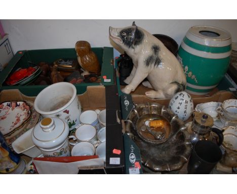 Four boxes of mixed china, silver plate and woodwork items to include; part Rockingham style teaset, silver plated hot water 