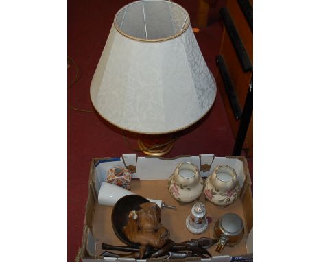 A box of mixed china and woodware to include; pair of Worcester style vases, modern Oriental style table lamp etc 