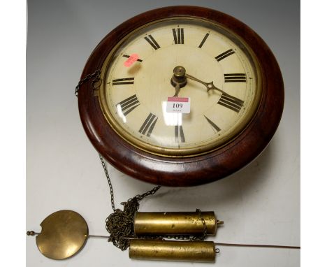 A late Victorian postman's alarm type wall clock striking on a bell with weights and pendulum