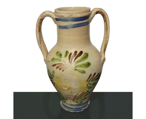 Caltagirone majolica flask with handles, enamelled with a flower representation H 18cm      H 18cm     