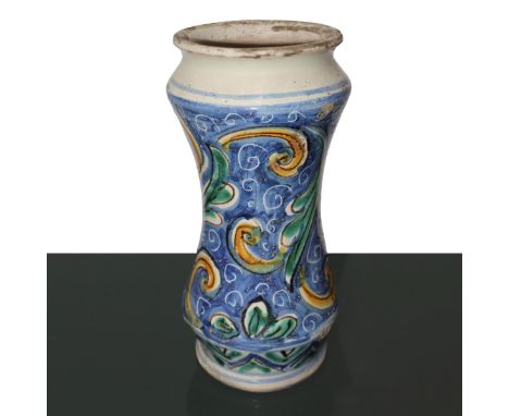 Albarello in Caltagirone ceramic, blue background, XVIII century H 25x14 cm     XVIII century   H 25x14 cm     XVIII century 