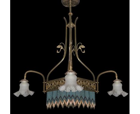 Liberty chandelier with 5 lights, central glass light with round fringe, tulip glass lights, Early 20th century    Early 20th